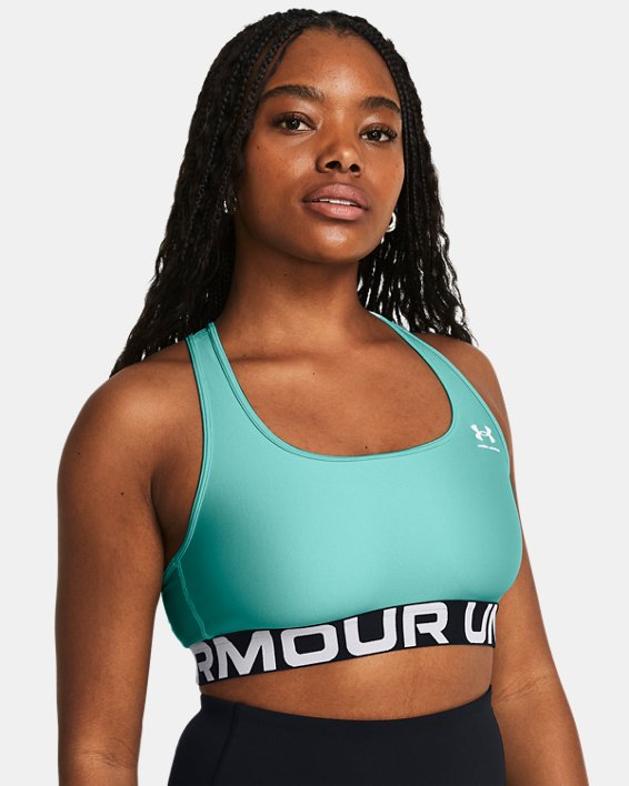Women's HeatGear® Armour Mid Branded Sports Bra, Green, pdpMainDesktop image number 2